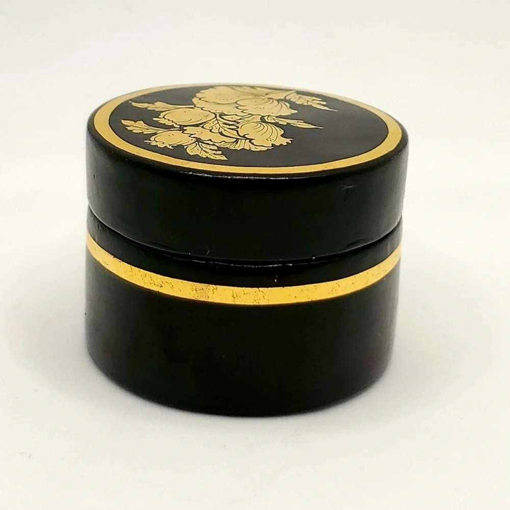 Vintage Black Lacquerware Trinket Box w Gold Floral Design Lid